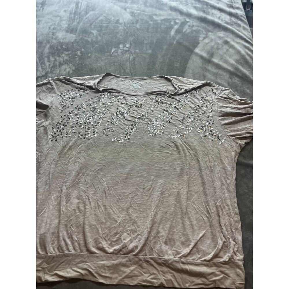 Lane Bryant Sequin Top Beige V-Neck Short‎ Sleeve Shirt Blouse Plus Size 22/24